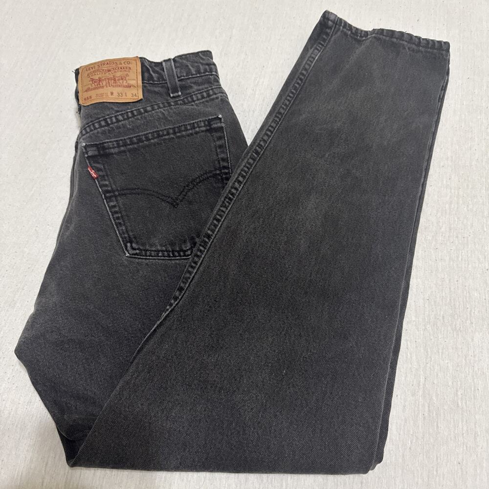 VTG Levis 555 Jeans Black 33x34 (31x32) Bat Wing Denim Straight 515 USA Made 90s